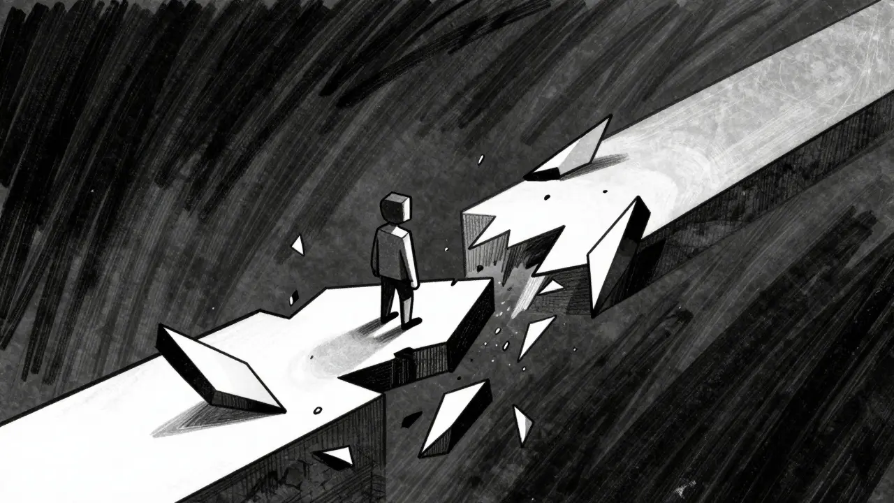 Stylized illustration of a figure on a crumbling platform representing market risk