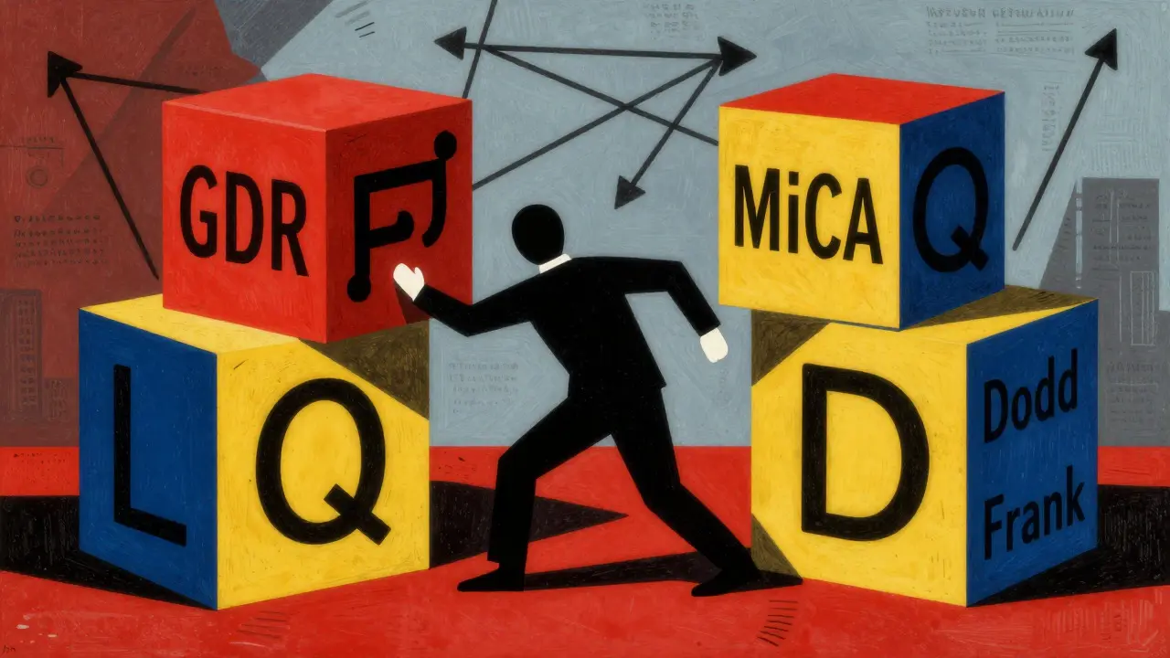 Stylized illustration of a figure weighed down by large geometric blocks symbolizing strict regulations.