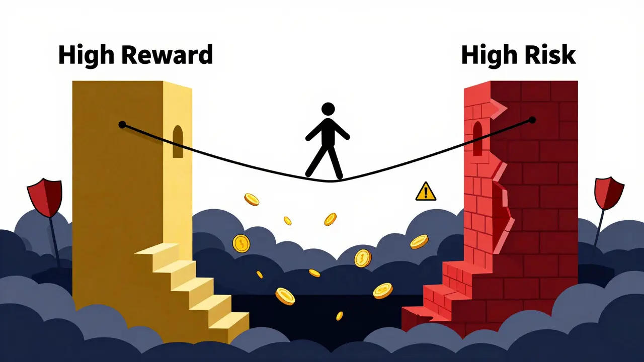 Stylized illustration of an investor balancing risk and reward on a tightrope