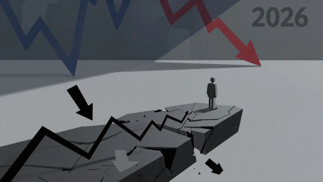 Stylized scene showing a figure on a crumbling platform amidst falling market charts.
