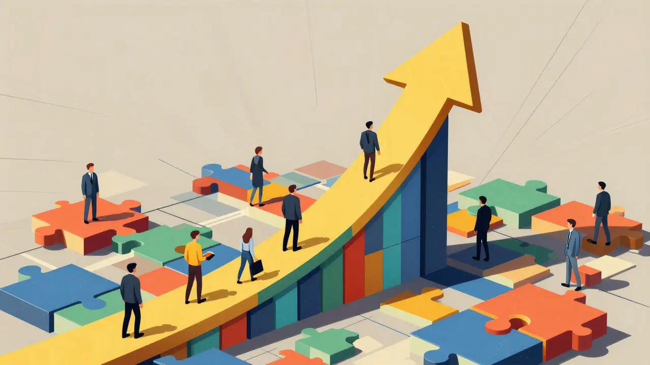Upward arrow made of blocks surrounded by fragmented regulatory shapes