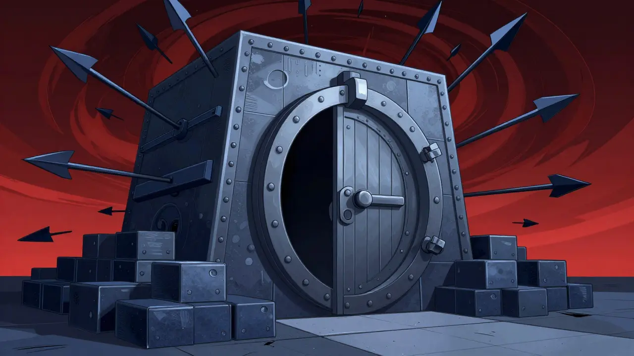 A fortified vault door resisting a swirl of jagged arrows