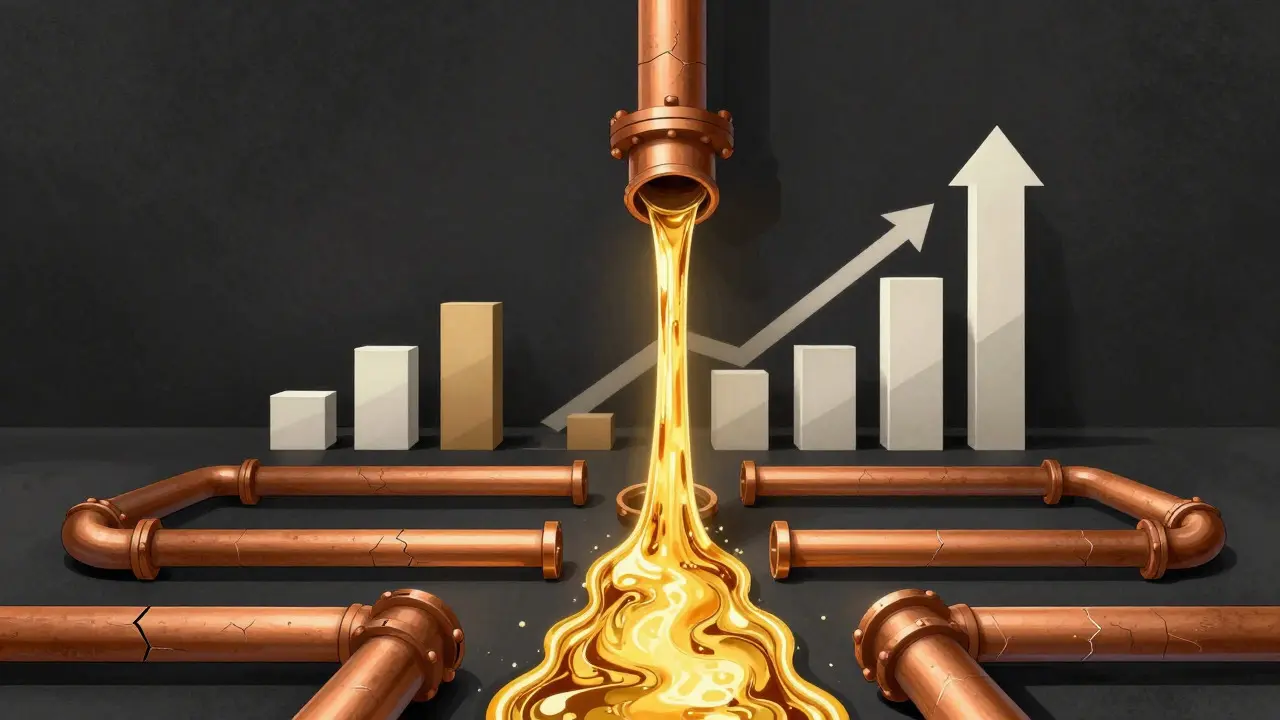 Abstract art of gold liquid flowing into rising geometric bars representing financial growth