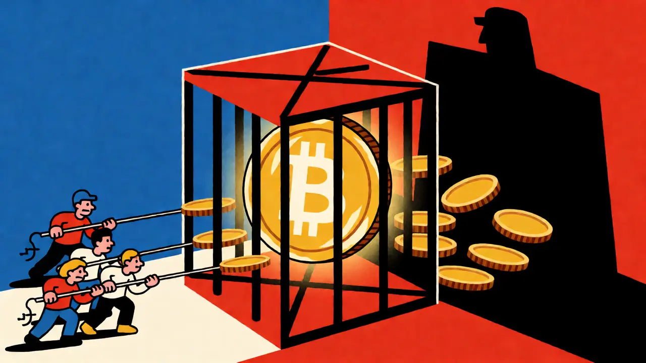 Abstract art showing Bitcoin coins being funneled into a state-controlled geometric cage.