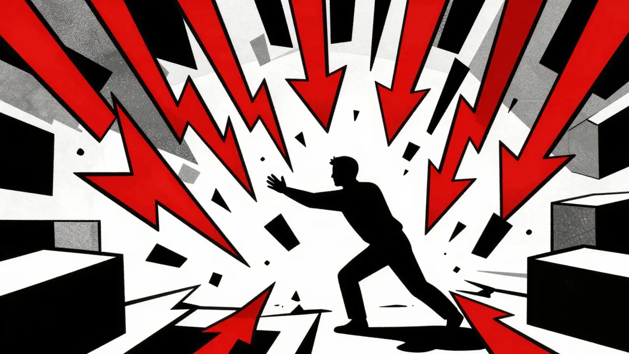Abstract cartoon of jagged red arrows shattering geometric blocks
