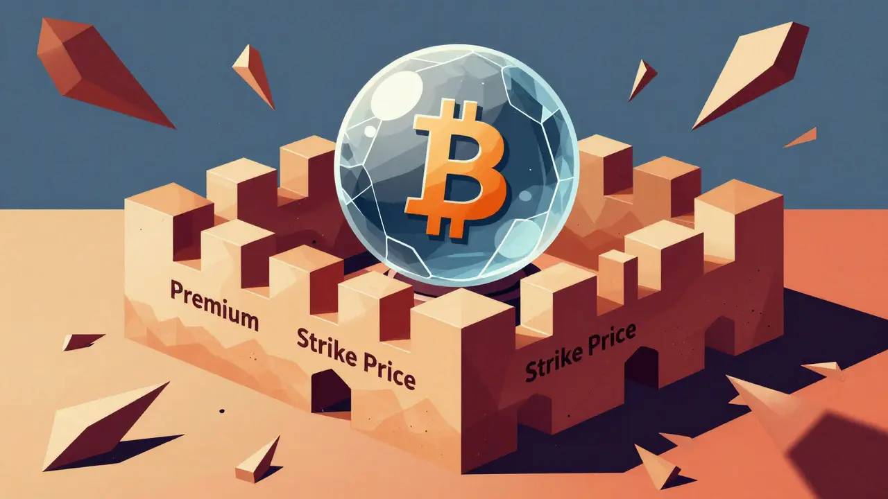 Abstract constructivist art depicting a geometric shield protecting a Bitcoin asset from market risks.