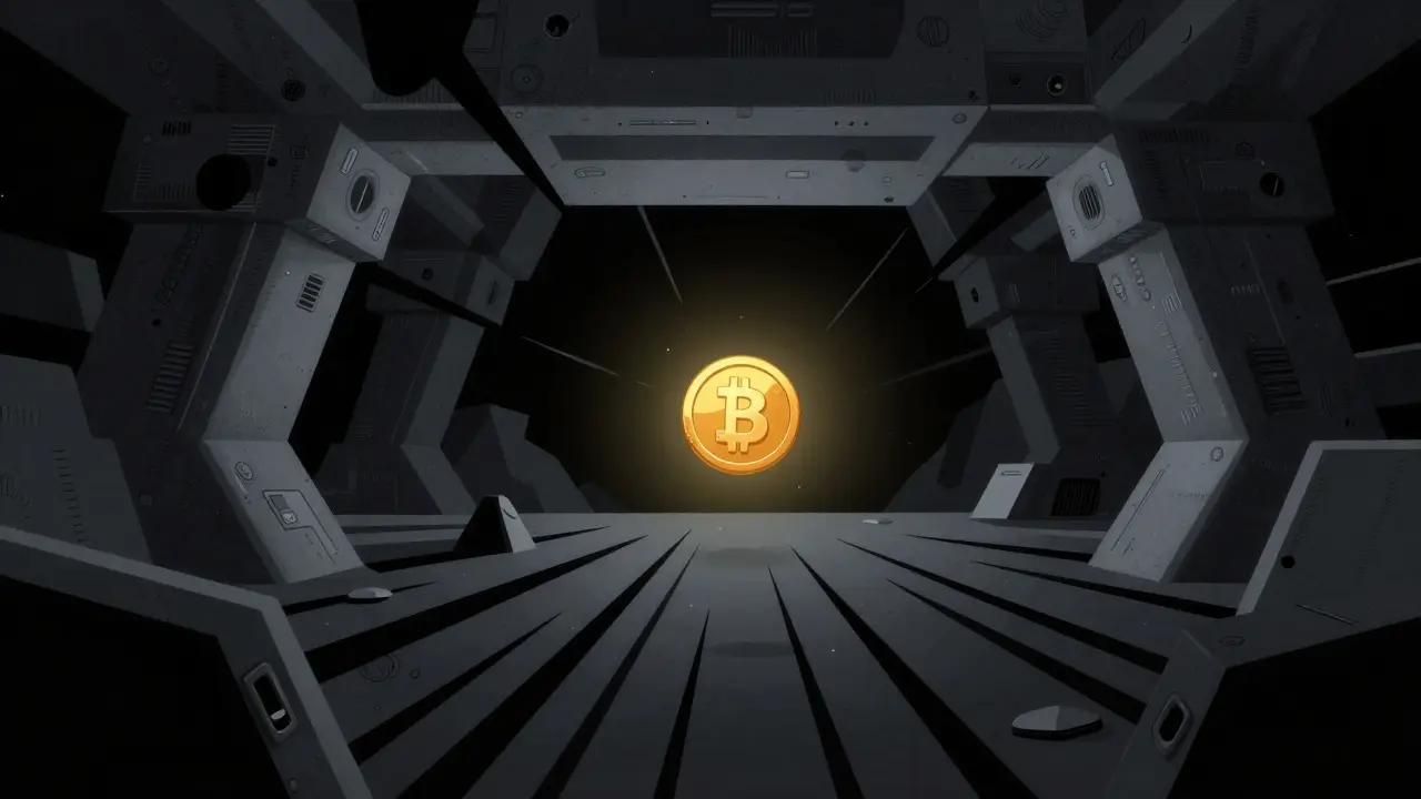 Abstract constructivist art depicting a small crypto token in a vast void