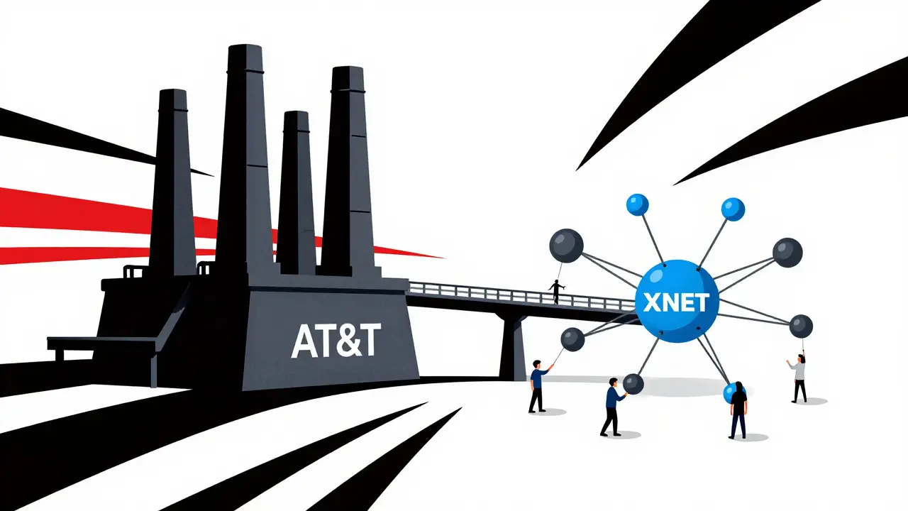 Abstract constructivist art showing a bridge connecting a large carrier tower to a decentralized network