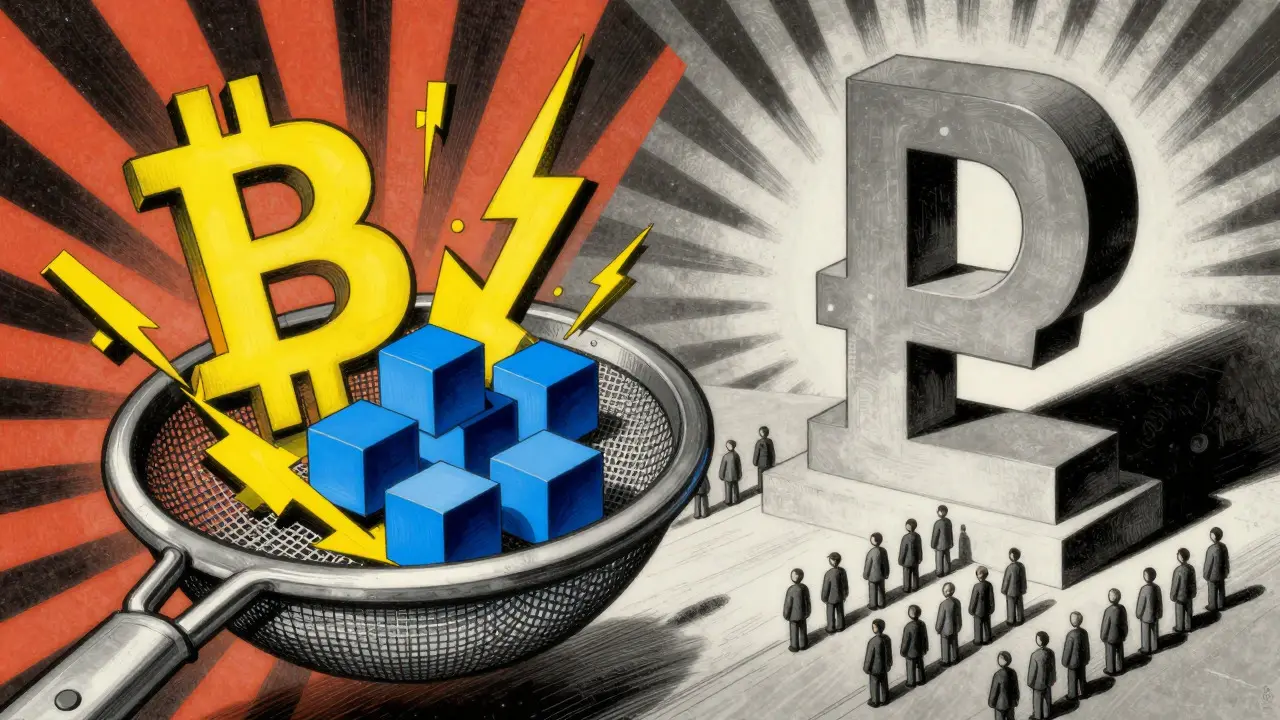 Abstract constructivist art showing crypto volatility filtering into stablecoins and digital rubles.