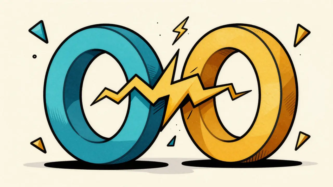 Abstract constructivist art showing two interlocking rings with jagged lines representing market volatility