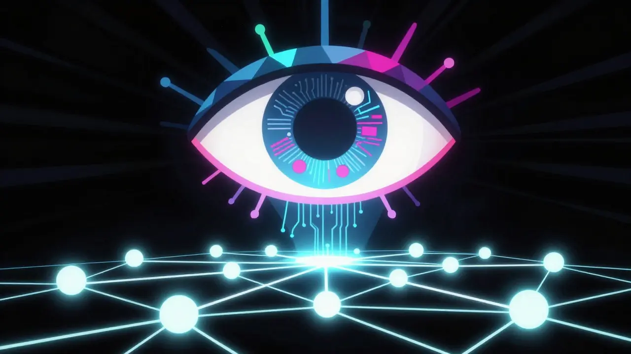 Abstract geometric eye scanning a network of glowing nodes representing AI crypto surveillance
