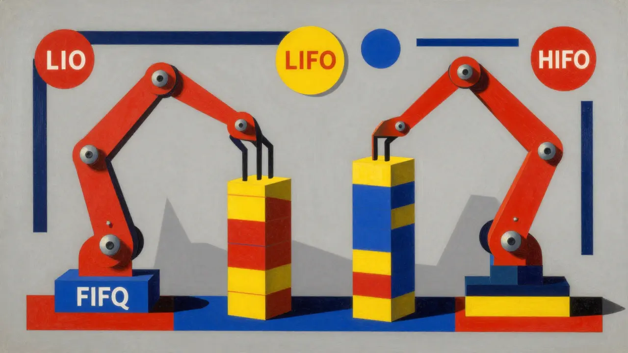 Abstract geometric figures manipulating blocks to represent crypto tax cost basis methods.