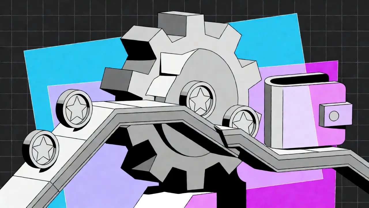 Abstract geometric machinery processing tokens to illustrate automated smart contract distribution mechanisms.