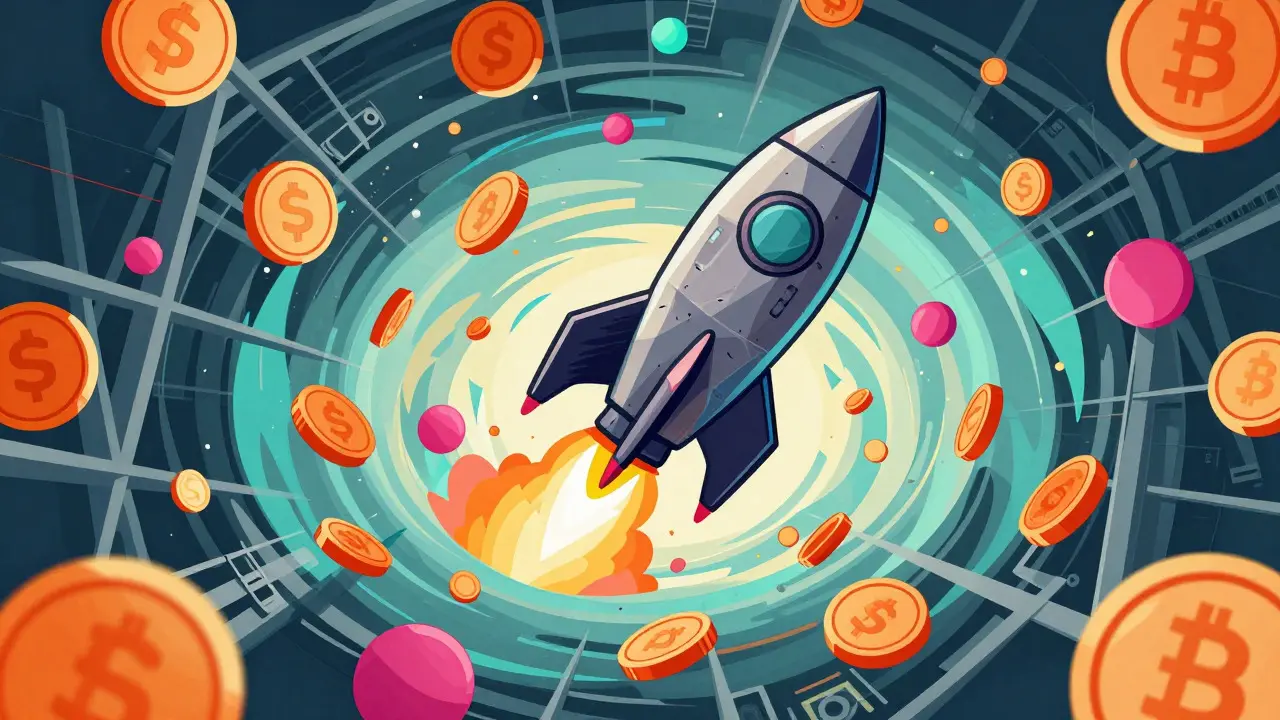 Abstract rocket ship launching through a vortex of colorful coins