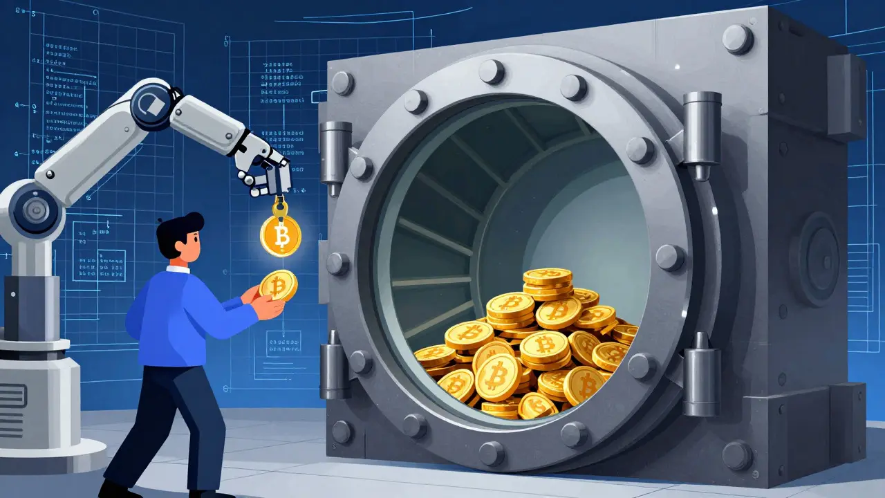 Abstract vault locking digital tokens with developer handing keys, constructivist art