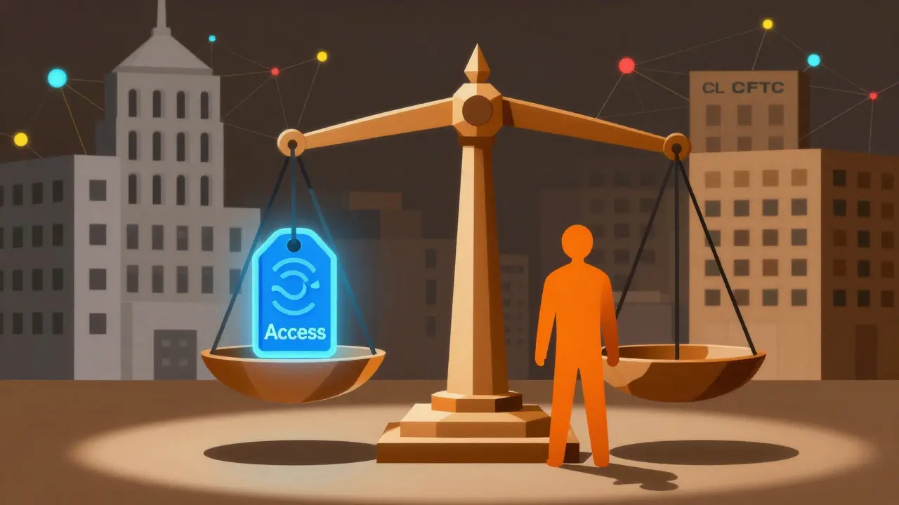 Abstract worker balancing a token on scales before government buildings.