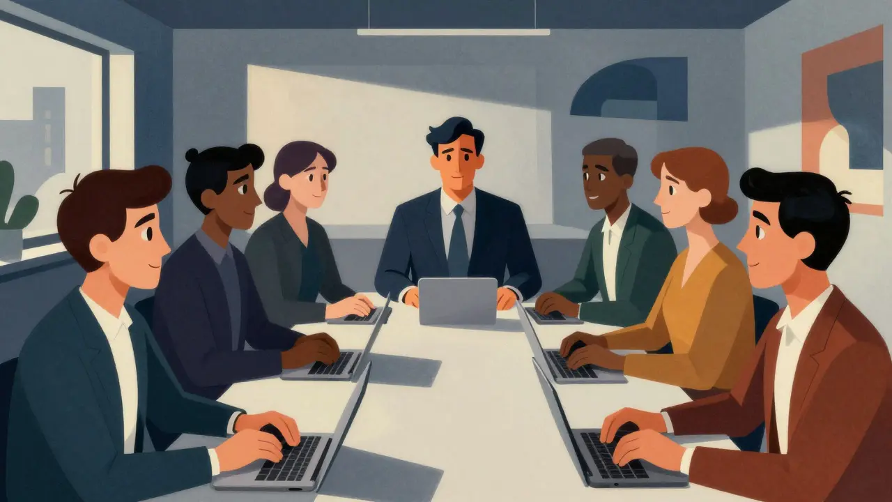 Cartoon-style VR meeting room featuring unique, realistic facial avatars