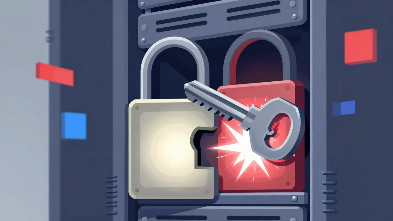 Constructivist art of a key turning in a server lock, splitting it into two distinct sections