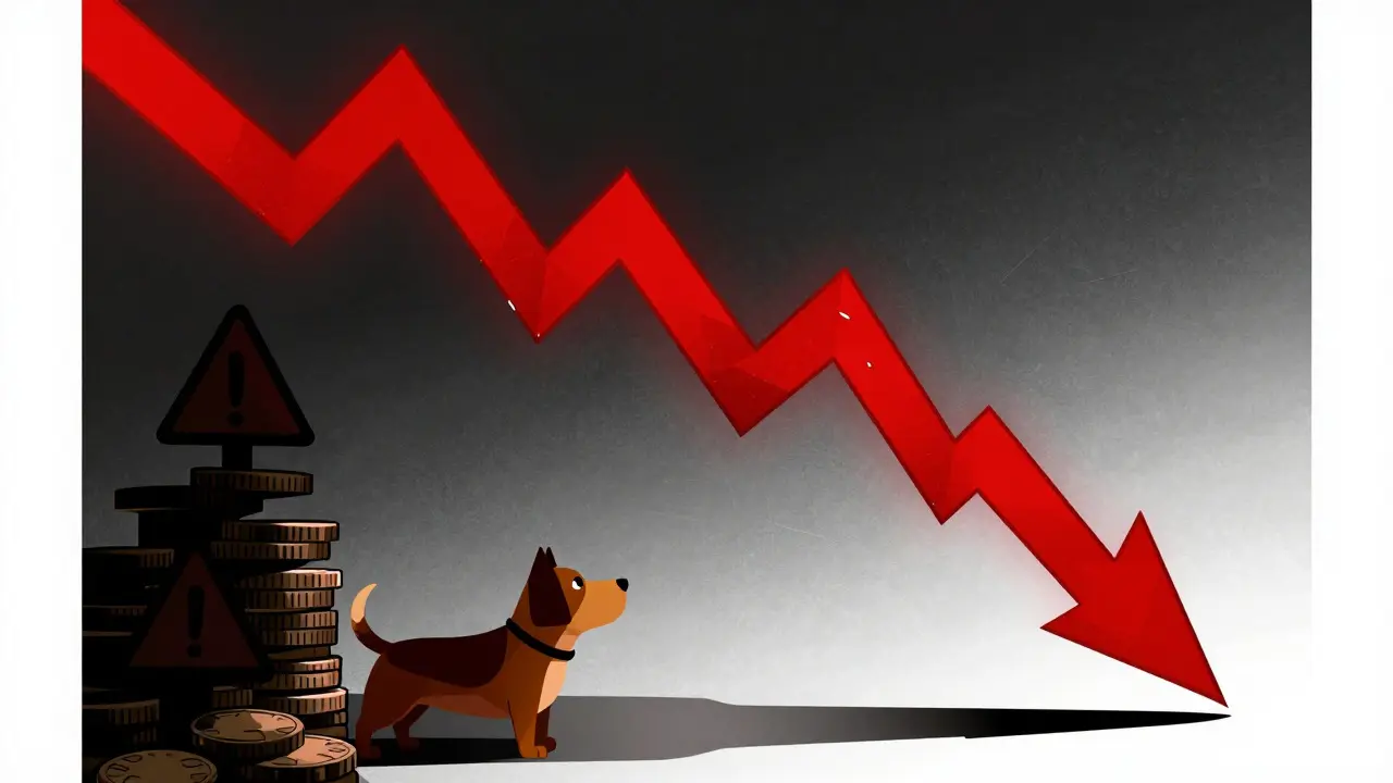 Constructivist art showing jagged red chart line and cautious dog figure