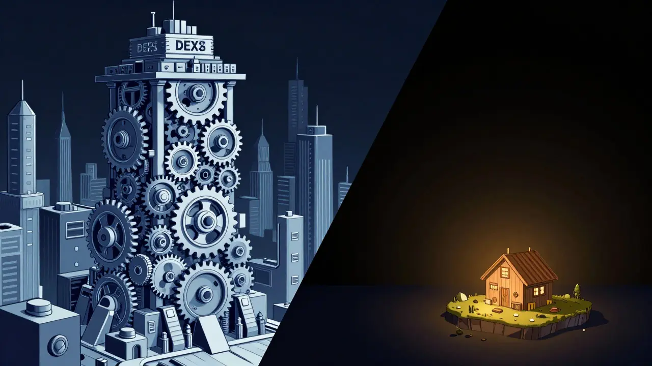 Constructivist illustration contrasting a massive industrial tower with a small isolated hut