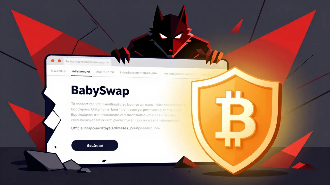 Constructivist illustration warning against fake BabySwap scam sites