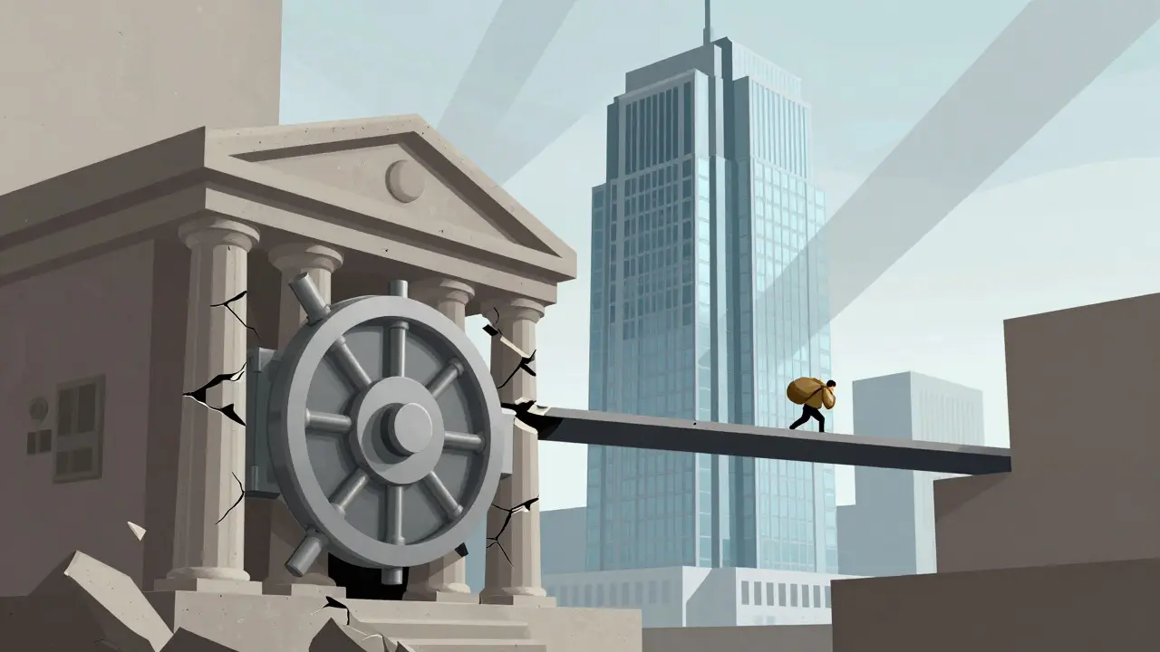 Crumbling vault structure next to a distant, stable skyscraper