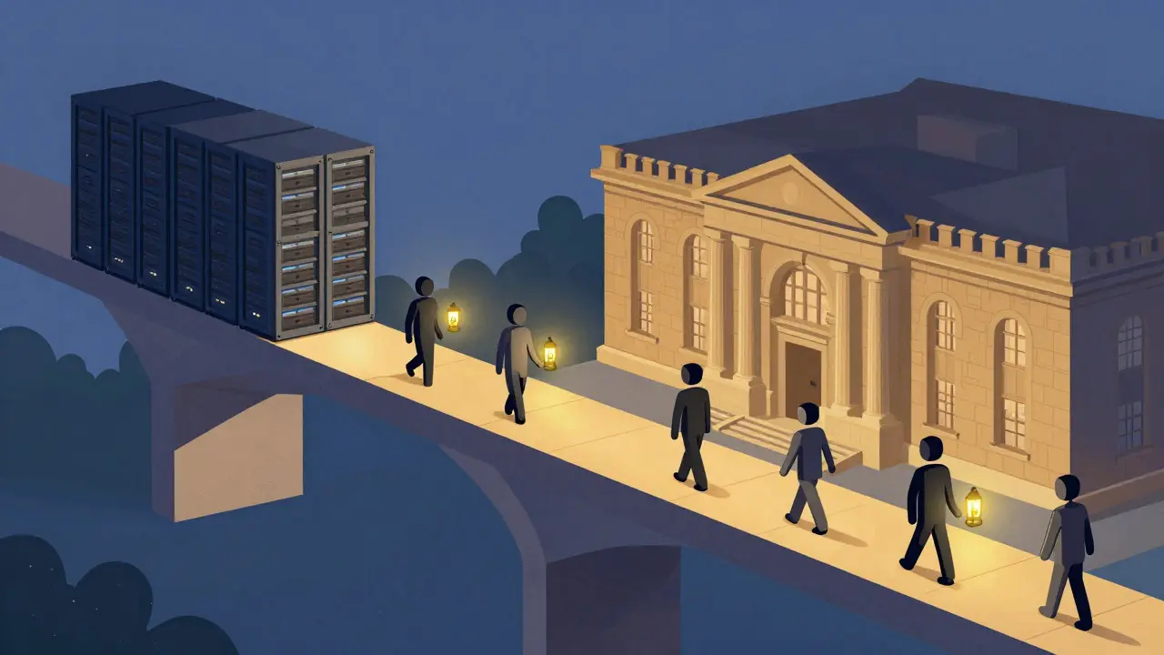 Geometric bridge connecting a server farm and a university building in cartoon constructivist style