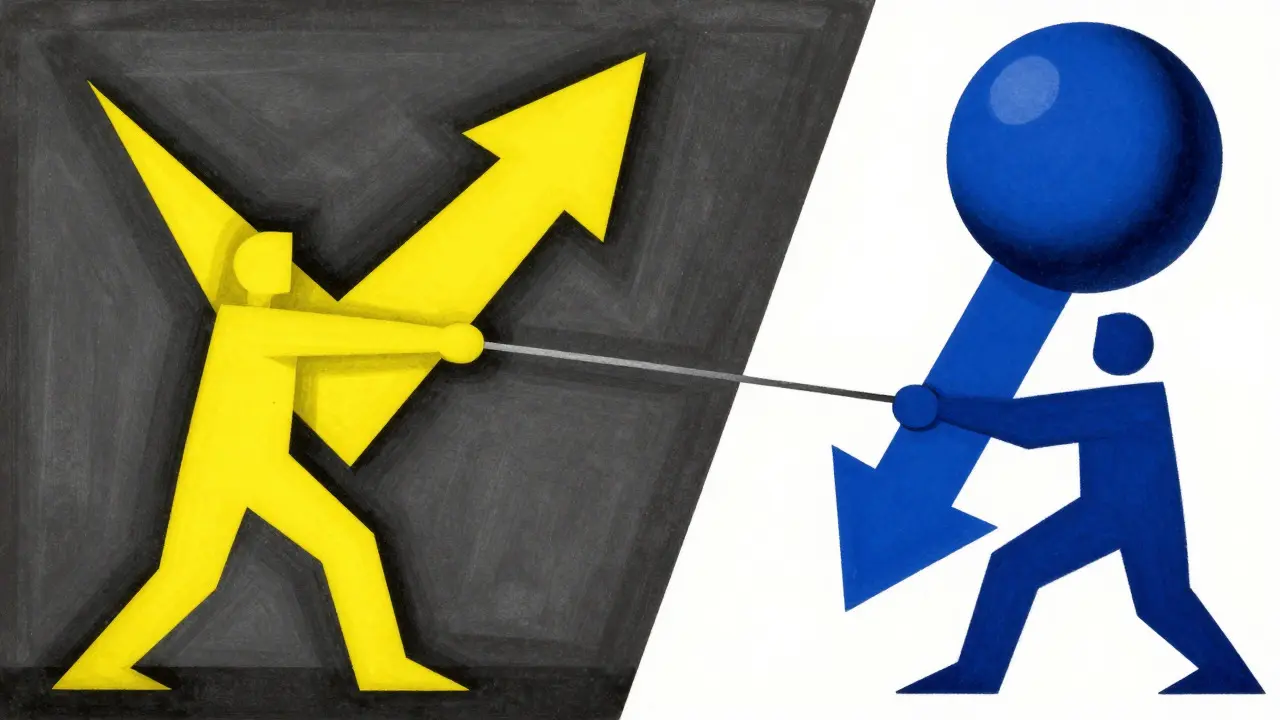 Geometric cartoon showing call and put options as opposing triangular forces in red and blue.