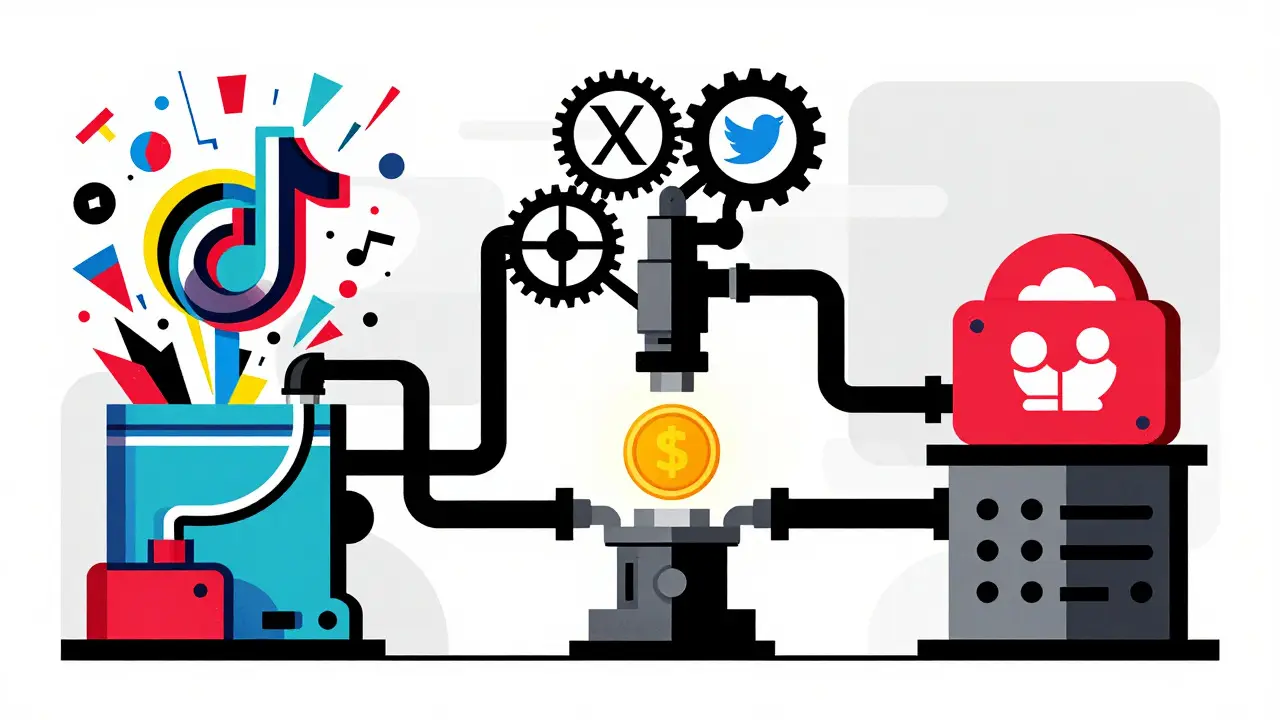 Geometric illustration of social platforms fueling crypto price engines