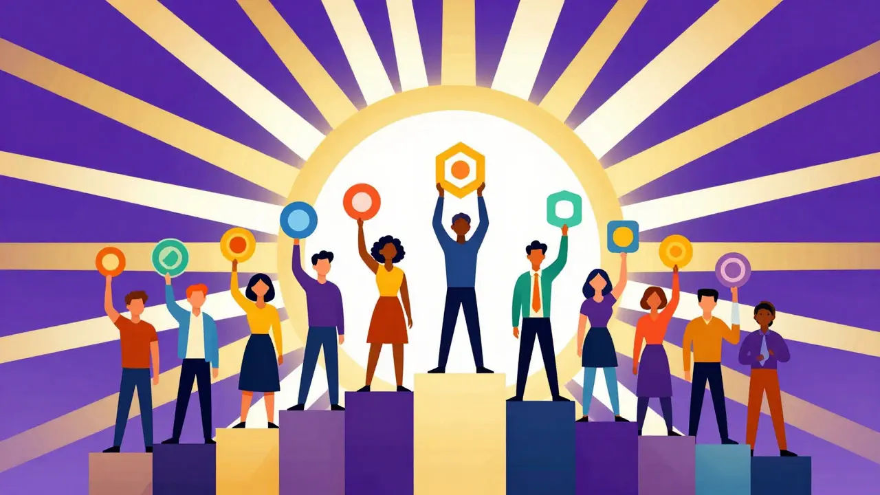 Group of stylized figures celebrating with diverse tokens under a radiant sunburst in constructivist art
