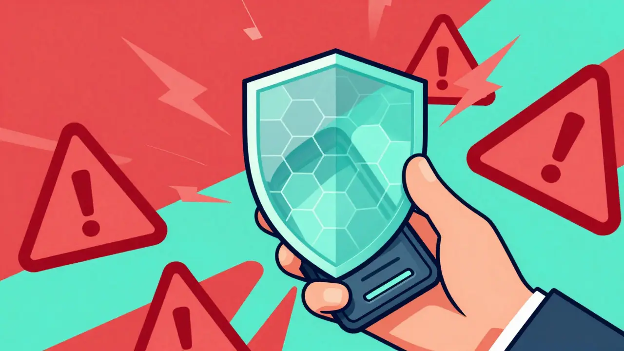 Hand holding a protective geometric shield against abstract red scam threats in constructivist art
