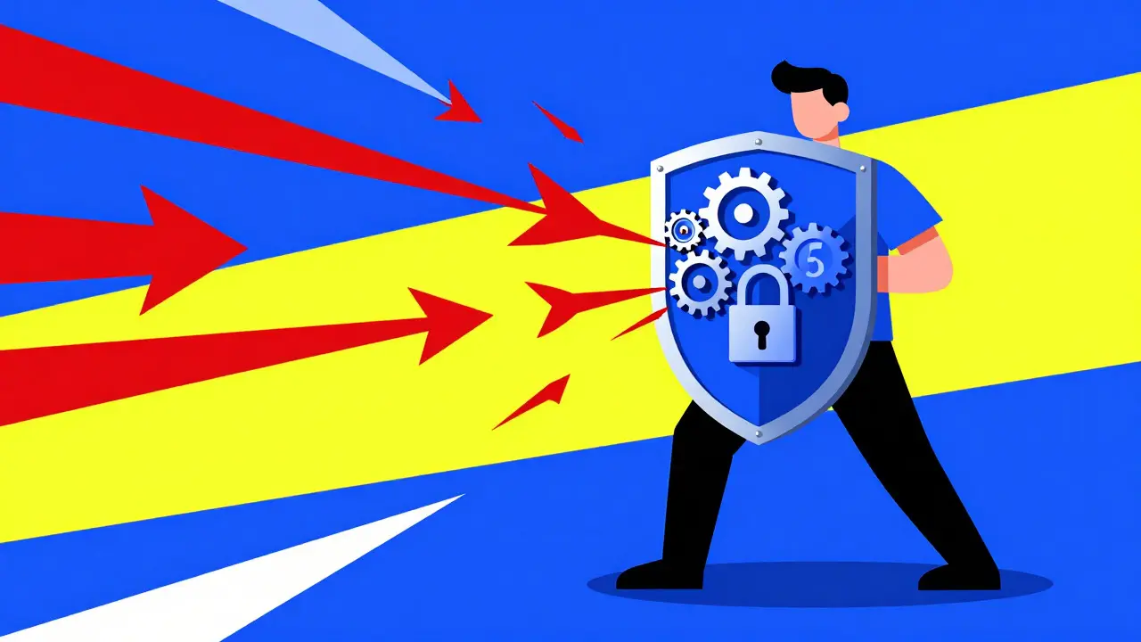 Hero shielding wallet from scams, constructivist illustration