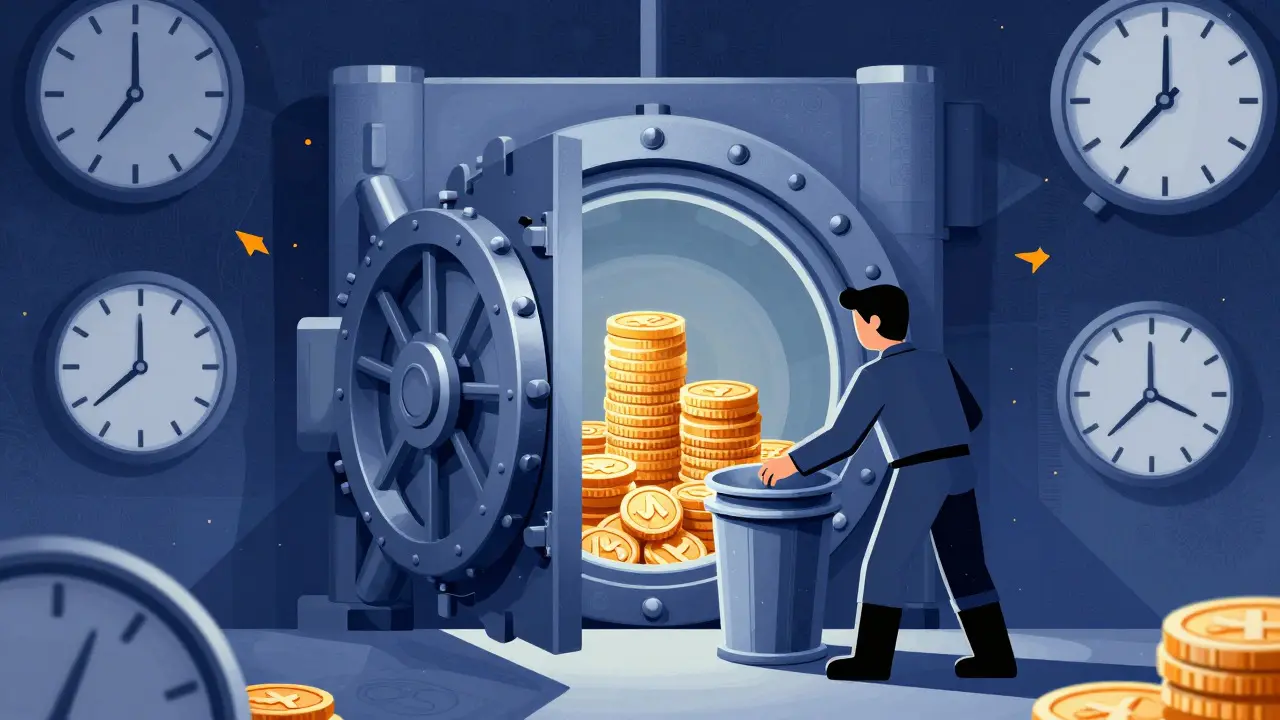 Illustration of a character locking tokens in a vault surrounded by clocks in constructivist style