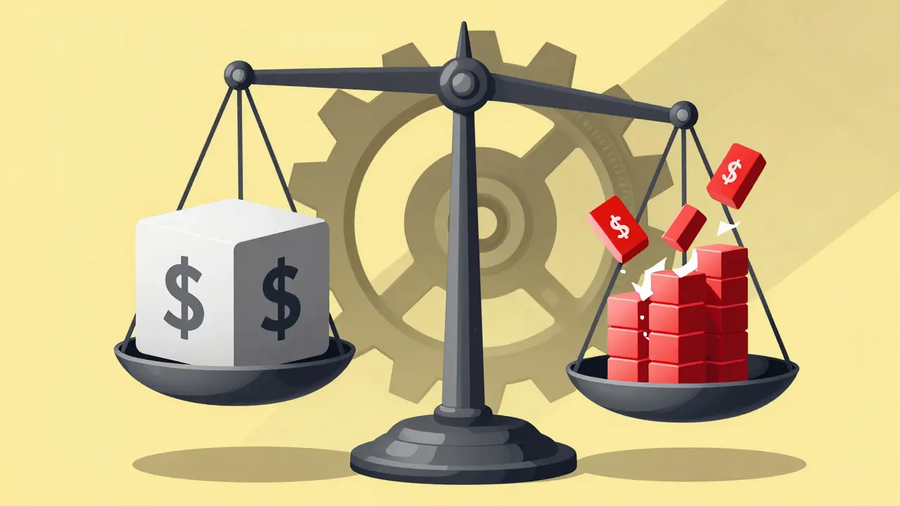 Illustration of an industrial balance scale with crumbling blocks representing fee deductions from profits