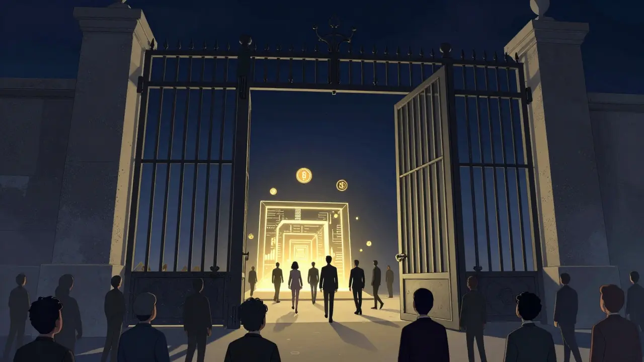 Illustration of exclusive crypto investment access for elites, excluding the general public.
