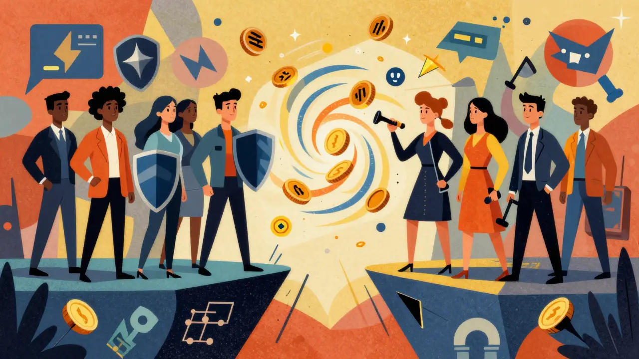 Illustration of groups of people on separate platforms with floating coins between them