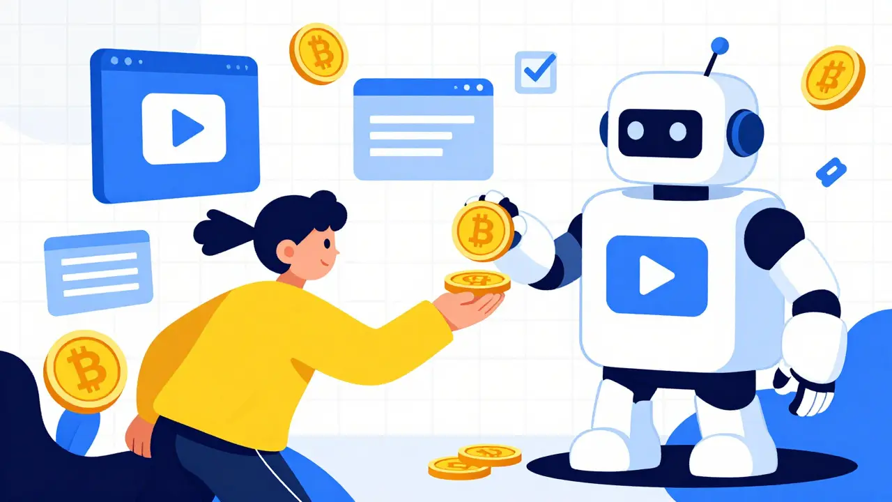 Illustration of user completing tasks to earn crypto tokens