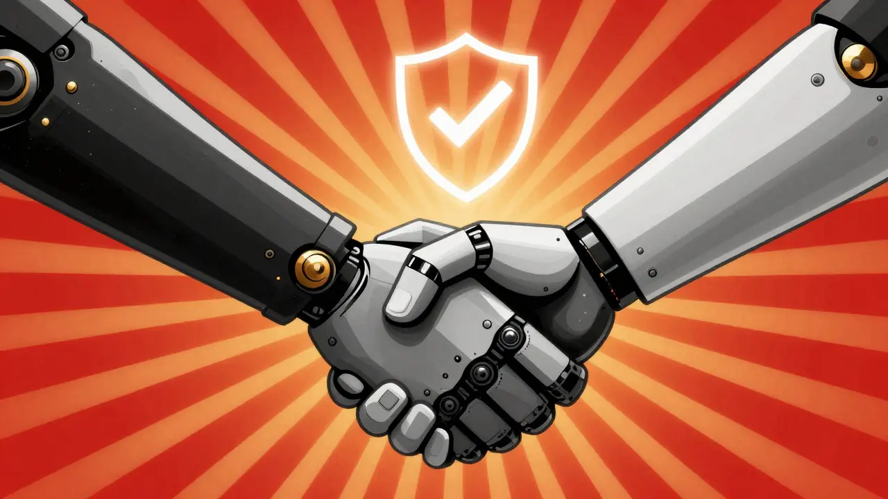 Mechanical hands shaking behind a security shield in bold Constructivist illustration