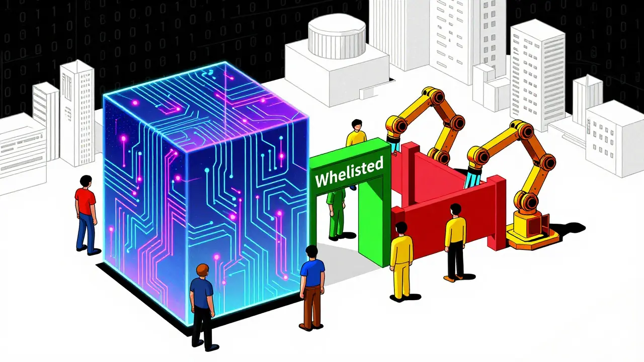 Robotic arms sorting users inside a glowing geometric smart contract cube.