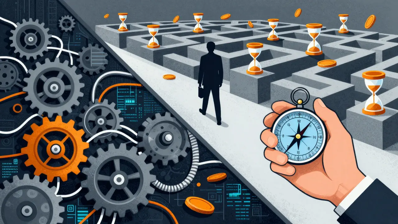 Split view of complex tech gears and a hand holding a compass in a maze of coins