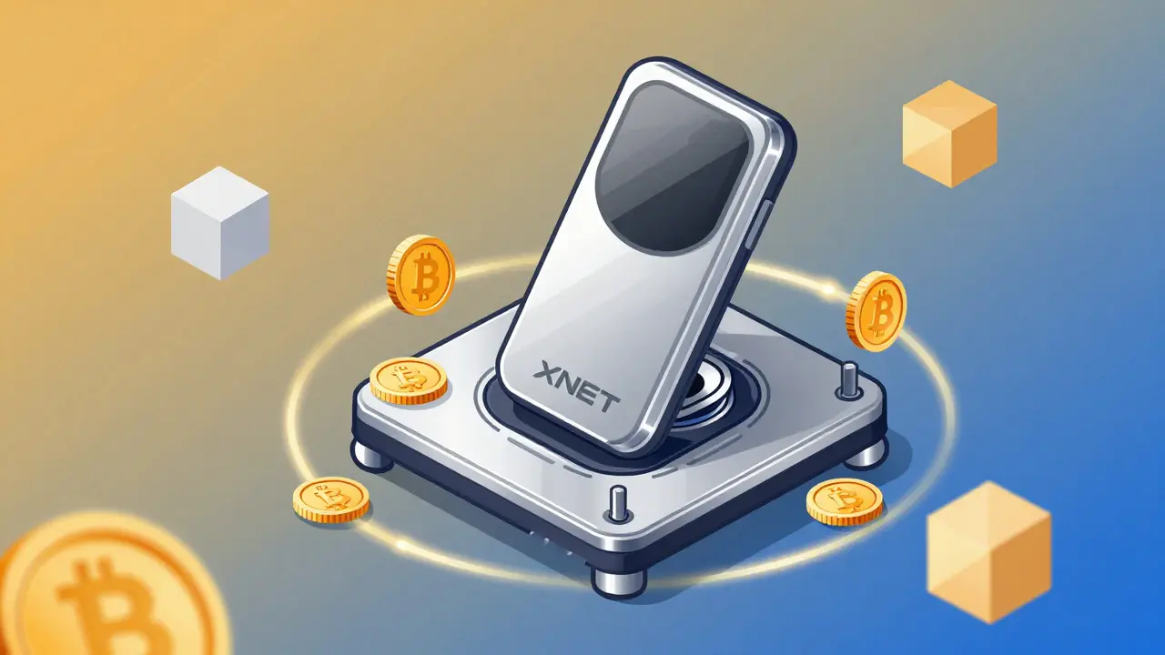 Stylized depiction of an XNET hardware device surrounded by orbiting tokens and geometric shapes