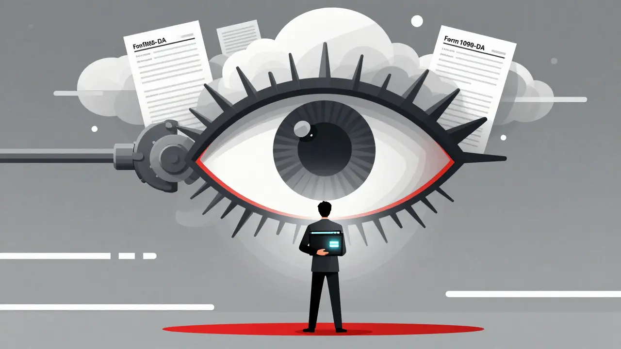 Stylized eye of surveillance watching a digital wallet, symbolizing IRS crypto reporting.