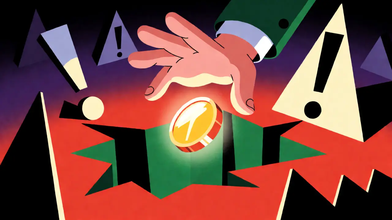 Stylized hand reaching for a token near an abstract trap, symbolizing security risks in crypto claiming.