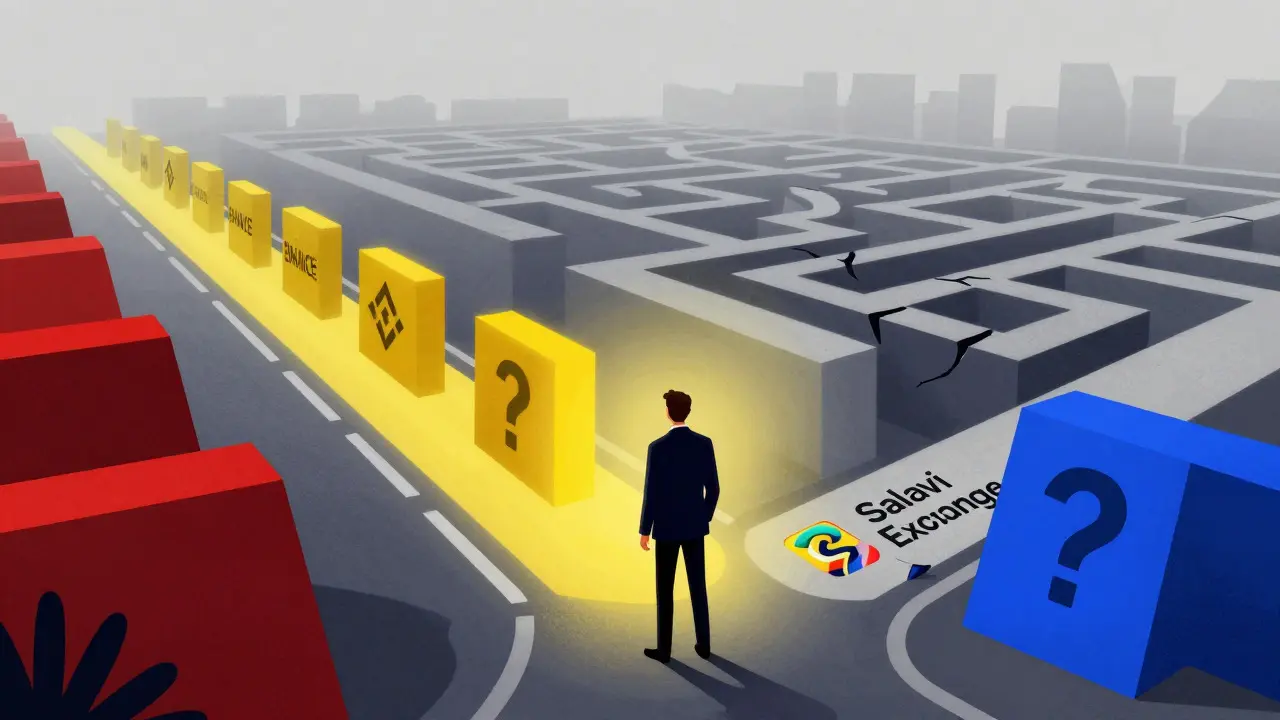 Trader choosing between a lit safe road and a dark, confusing maze path.