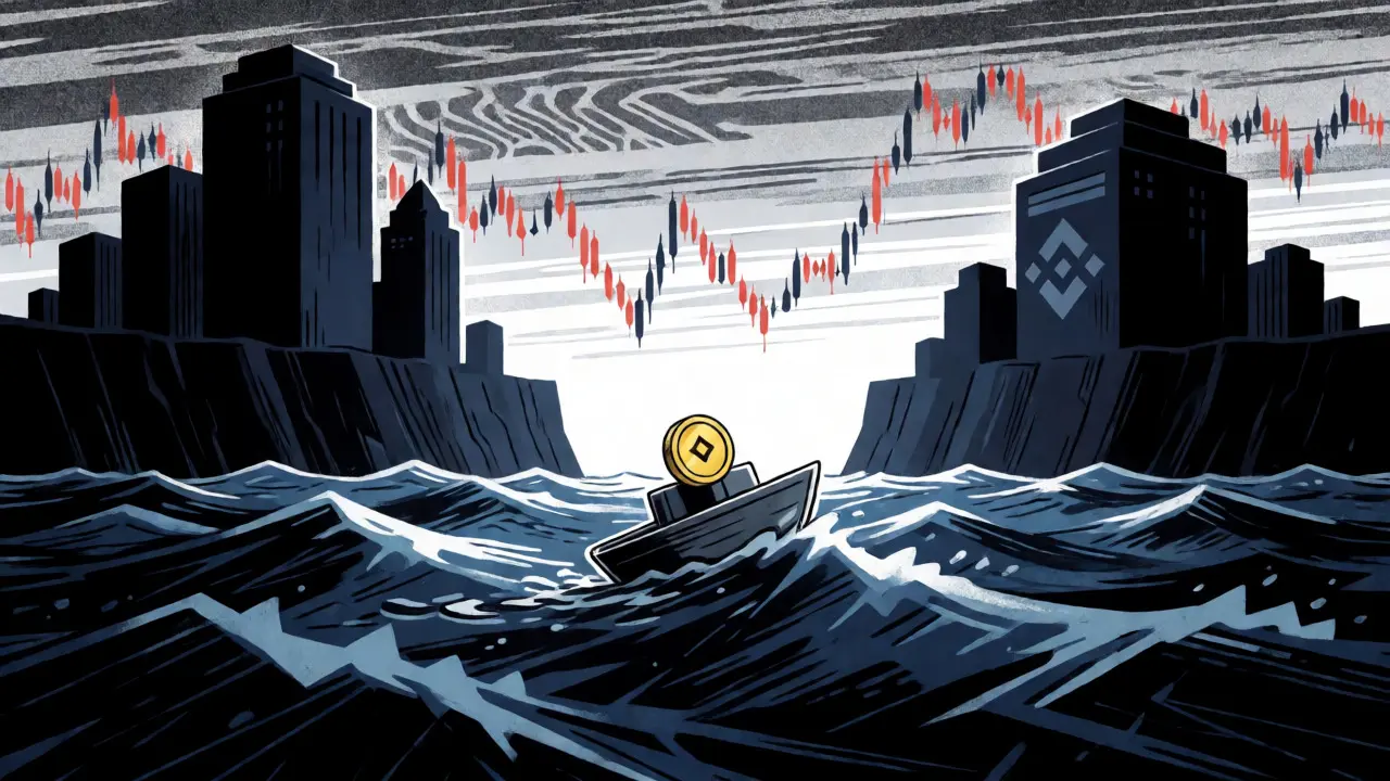 A small coin-shaped boat struggling in rough seas away from distant exchange towers.