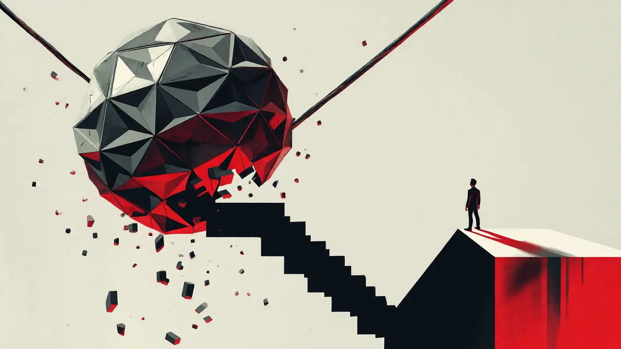 Abstract art showing a fragmented token sphere falling over a jagged price chart.