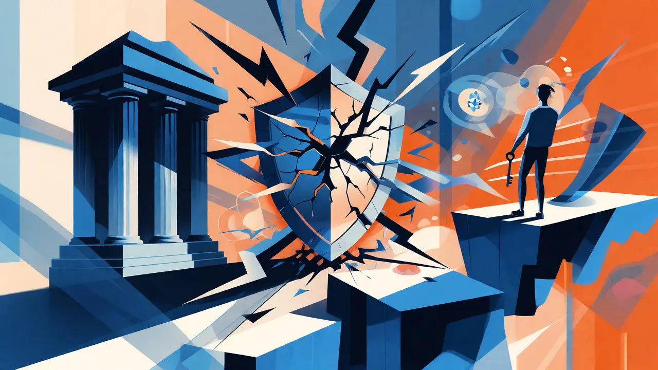 Abstract cartoon showing security cracks in smart contracts versus institutional shadows.