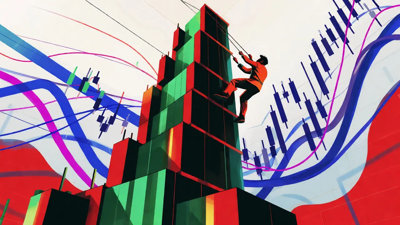 Abstract construction of a chart tower climbed by a leveraged trader.