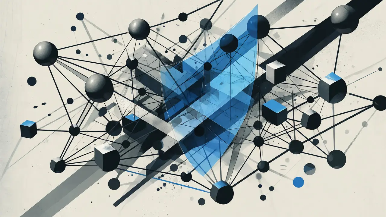 Abstract constructivist art showing a shielded network of nodes representing privacy tech.