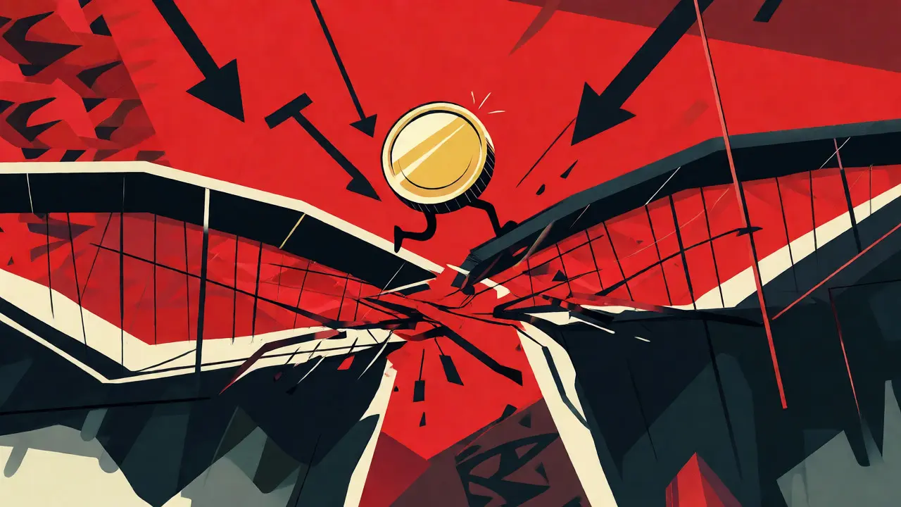 Abstract depiction of a coin crossing a fragile bridge symbolizing slippage